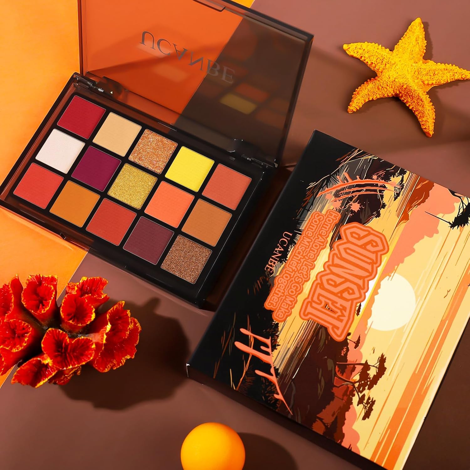 UCANBE Orange Eyeshadow Makeup Palette, 15 Colors Vibrant Shimmer Matte Glitter Eye Shadow Pallet, High Pigmented Warm Yellow Sunset Red Coral for Fall Cosplay Halloween Costume Parties Pumpkin Makeup - Image 6