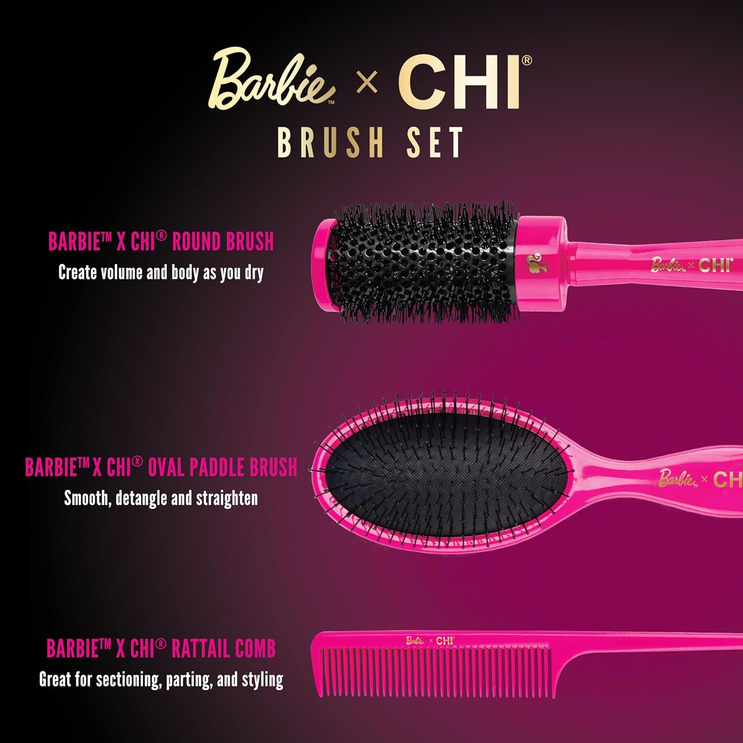 CHI X Barbie 65th Anniversary 4-Piece Styling Kit, Includes Rattail Comb, Paddle Brush, Round Brush & Mirror - Image 3