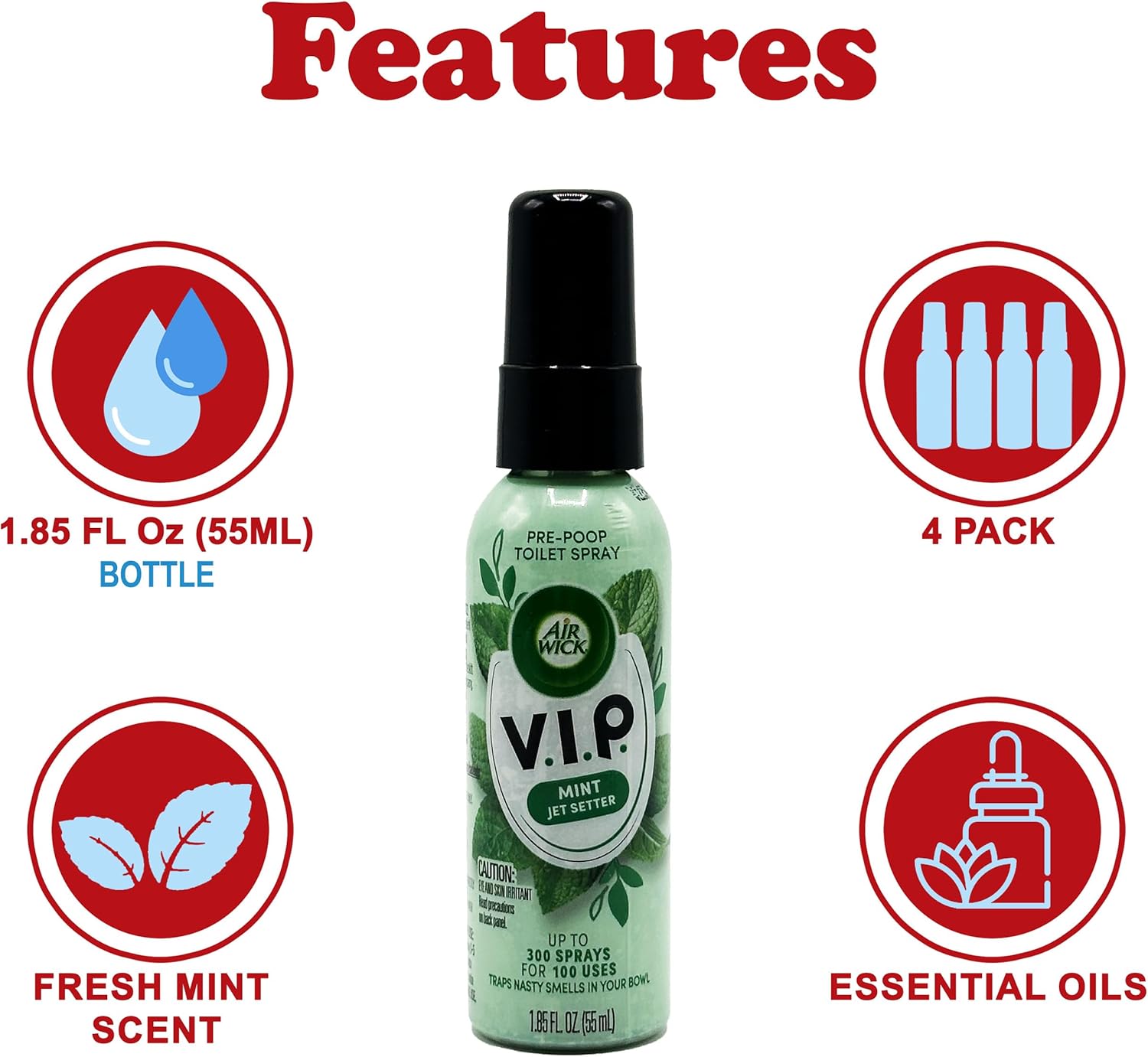 Air Wick V.I.P. Pre-Poop Toilet Spray, Mint Jet Setter, Travel Size, Neutralizes Odors, Contains Essential Oils, Fresh Mint Scent Bathroom Spray, 1.85 Oz (Pack of 4) - Image 2