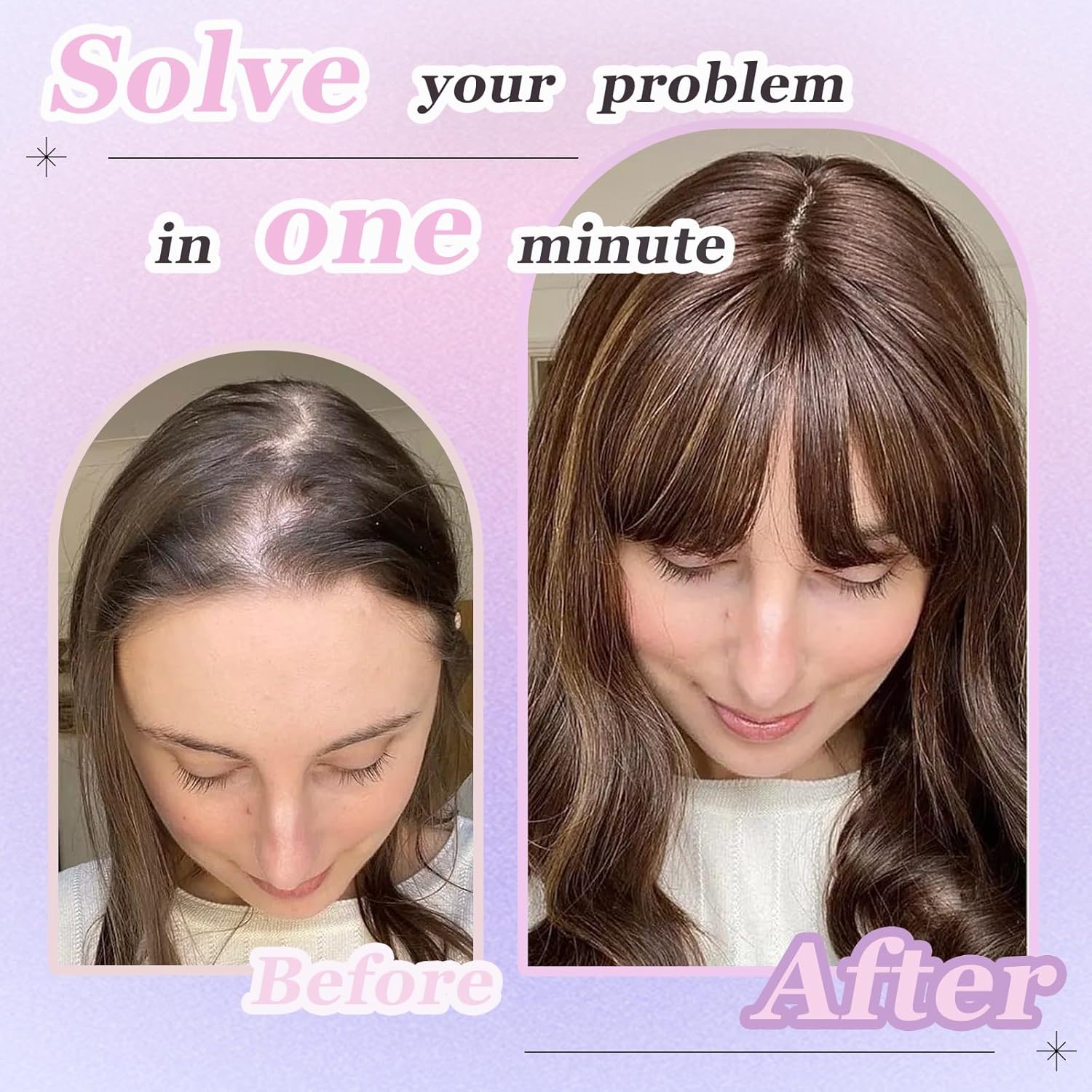 Hair Toppers for Women, 20 Inch Long Curly Wavy Hair Topper 360° 3D French Clip in Bangs (Dark Brown Mixed Chestnut, French Bangs) - Image 5