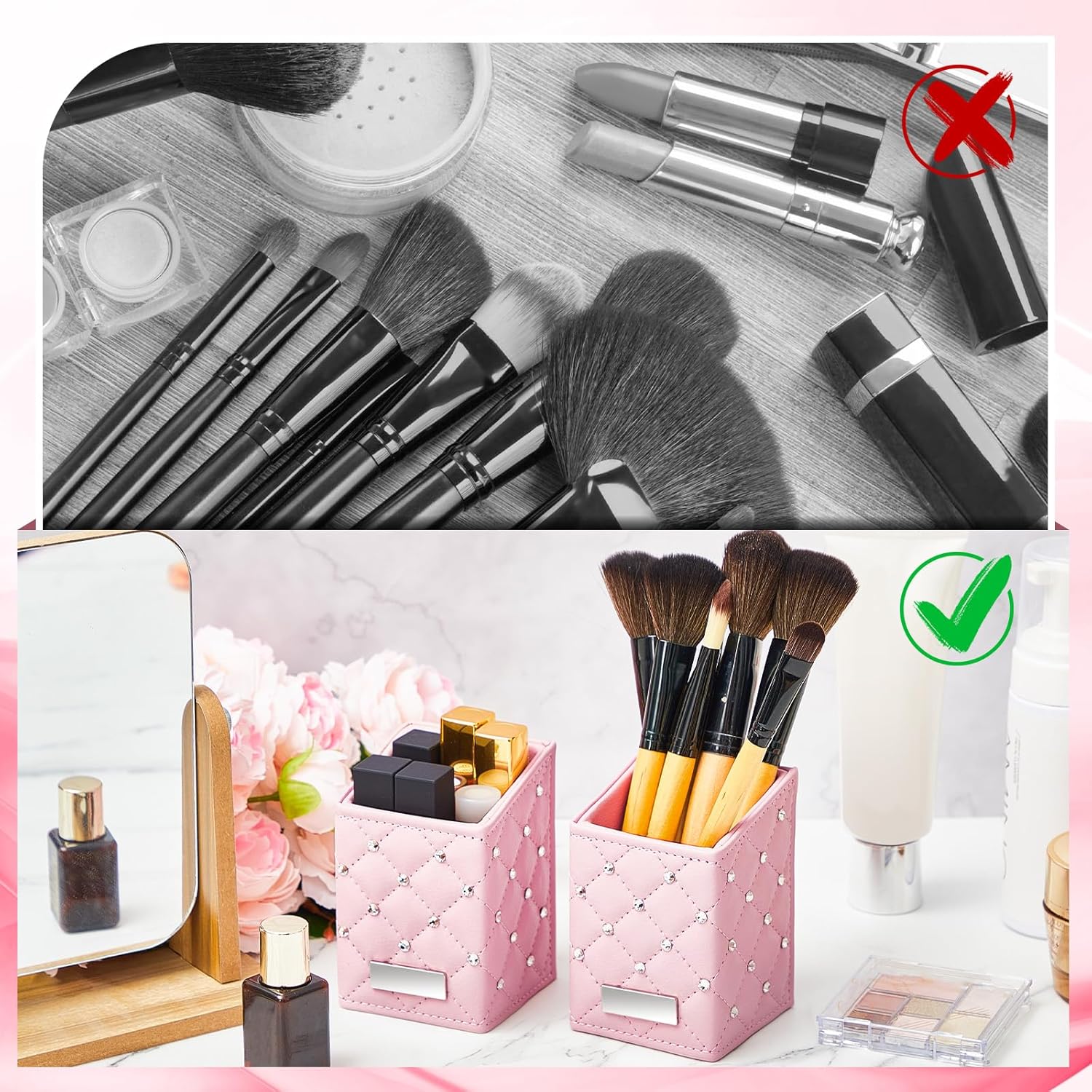 ReliThick 2 Pcs Pink Waterproof Makeup Brush Holder with Crystal Bling Travel Vanity Organizer - Image 4