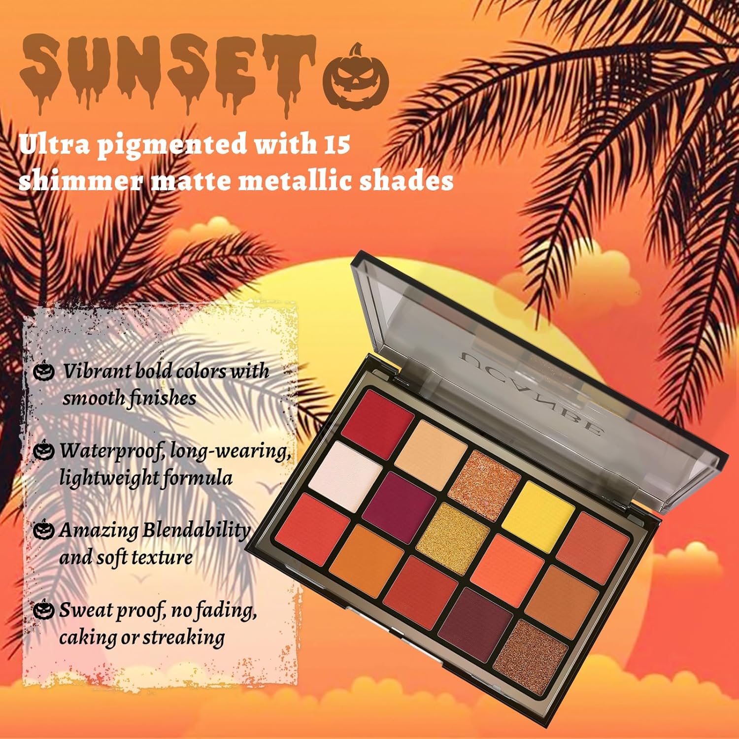 UCANBE Orange Eyeshadow Makeup Palette, 15 Colors Vibrant Shimmer Matte Glitter Eye Shadow Pallet, High Pigmented Warm Yellow Sunset Red Coral for Fall Cosplay Halloween Costume Parties Pumpkin Makeup - Image 2