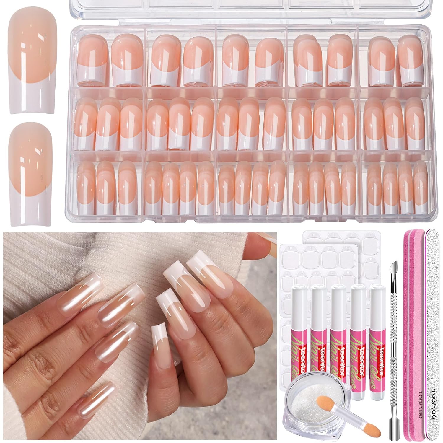 Teenitor French Tip Press on Nails Long Square, 15 Sizes of French Tip Nails Press on French Tip Nails, Long Press on Nails for Women