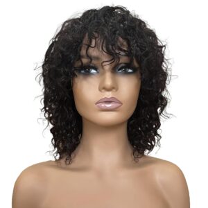 OnePart human wigs short water wave wig with bangs WWM2367M 100% brazilian virgin human hair machine made glueless for black women natural black 12inch