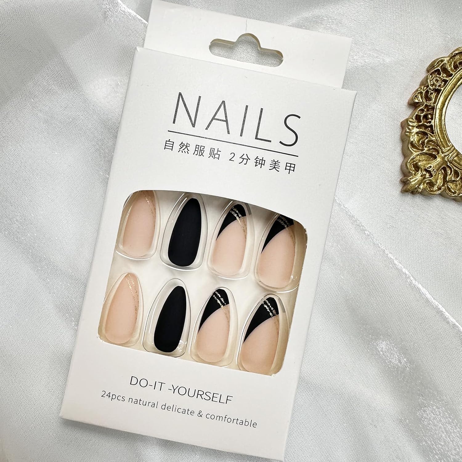 Black Press on Nails Medium Almond Fake Nails Matte False Nails Press ons with Designs French Tip Acrylic Full Cover Glue on Nails Artificial Stick on Nails for Women Manicure 24 Pcs - Image 5