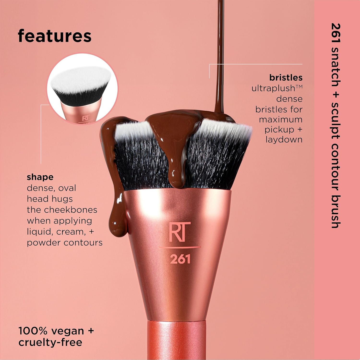 Real Techniques Snatch + Sculpt Contour Makeup Brush, For Liquid & Cream Contour & Bronzer, Flat Top & Oval Head For Blending & Buffing, Dense, Synthetic Bristles, Vegan & Cruelty Free, 1 Count - Image 4