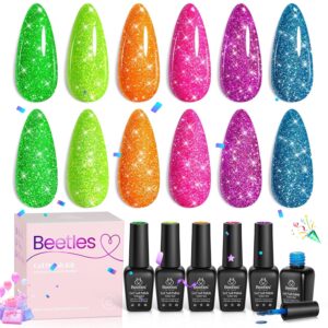 Beetles Neon Gel Polish Set, 6 Colors Reflective Glitter Nail Polish Set Nails Gel Blue Hot Pink Purple Soak Off Uv Led Sparkly bright Colors Nail Polish Kit Nail Gift for Women