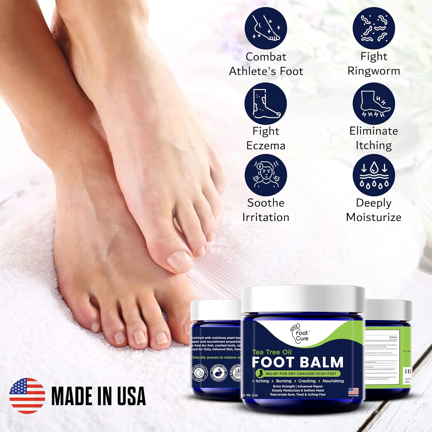Tea Tree Oil Balm – Moisturizer for Dry Cracked Feet – Instantly Hydrates & Soothes Irritated Skin & Athlete's Foot – Best Care for Women and Men – Made in USA - Image 6