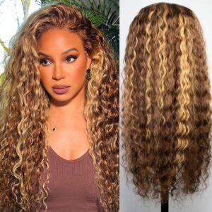 Chesma 28inch Highlight Ombre Lace Front Wig Human Hair 13x4 HD Honey Blonde 4/27 Deep Wave Lace Frontal Wigs Glueless Wigs Human Hair Pre Plucked with Baby Hair 180 Density
