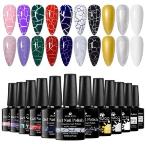 Crackle Nail Polish Set - 12PCS Magic Black Green Blue Crackle Nail Polish + White Silver Gold Gel Polish DIY Home Salon Nail Art Gift