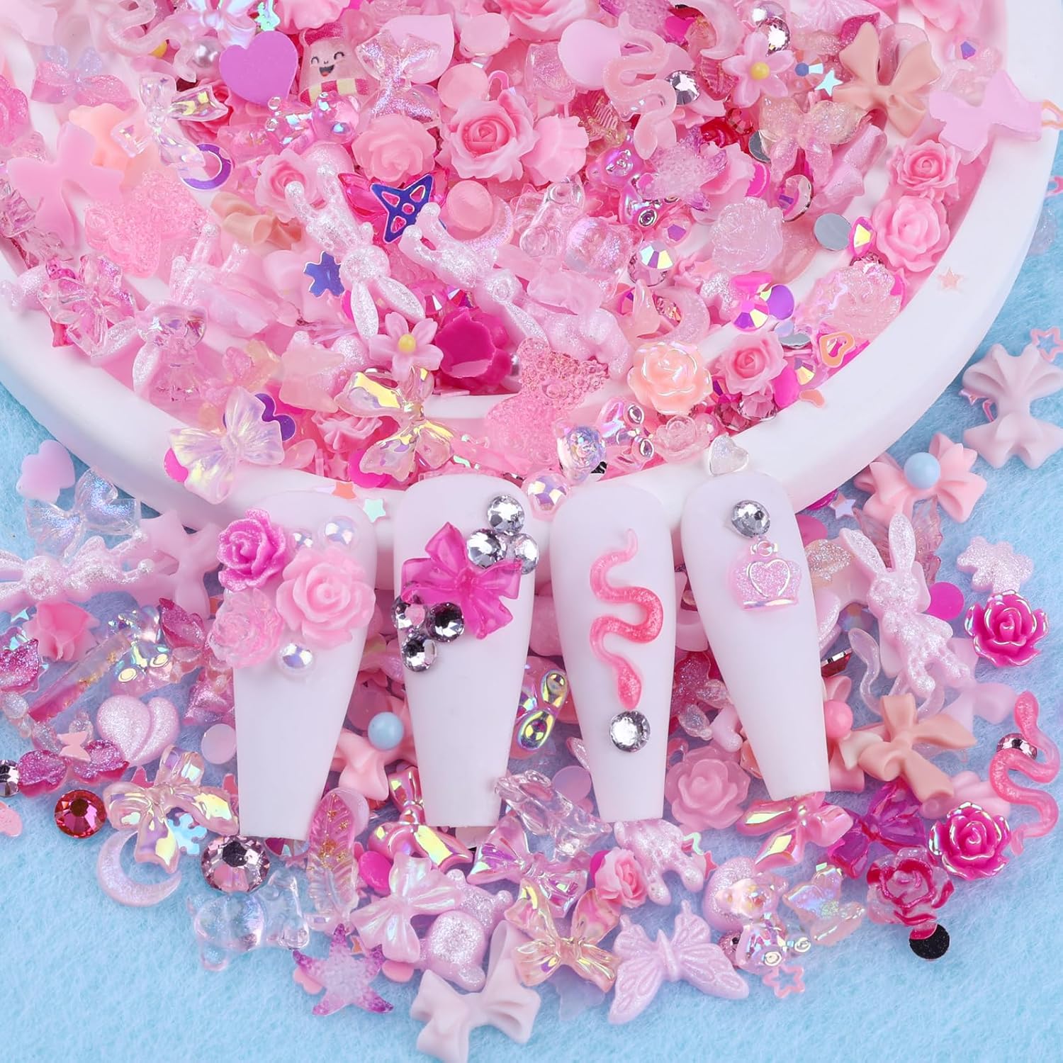300pcs Nail Art Charms Kit,Over 100pcs Mixshape Resin Nail Gems and 100 pcs Mixed Flatback Nail Rhinestones Pearls with Over 100pcs Nail Sequins for Nail Art Accessories (Pink) - Image 2