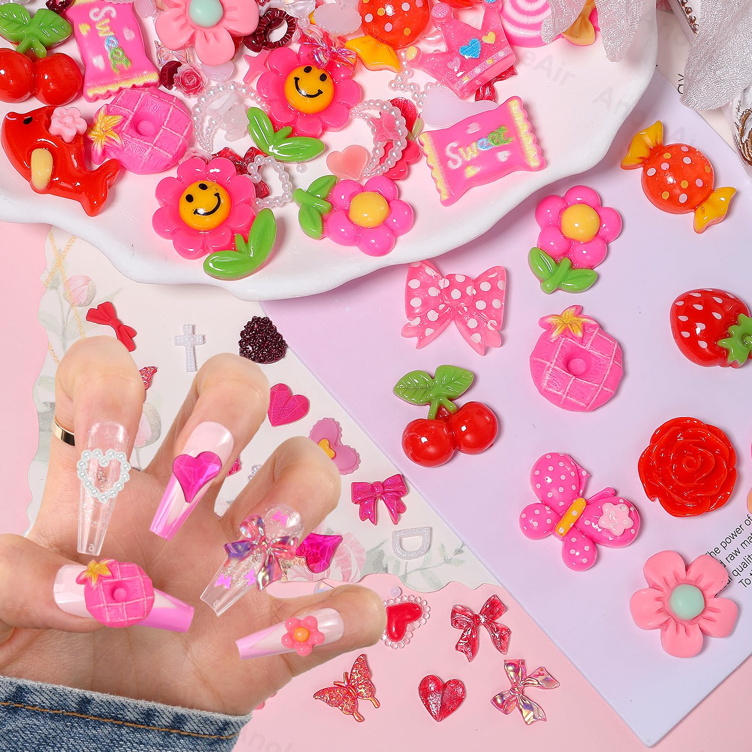 300 Pcs 3D Assorted Flower Candy Lollipop Junk Nail Charms, Acrylic Cute Nail Candy Charms, Flower Bow Star Heart Junk Case Candy Charms for Nail Art DIY Crafts Accessories(S5-Red Charms) - Image 5
