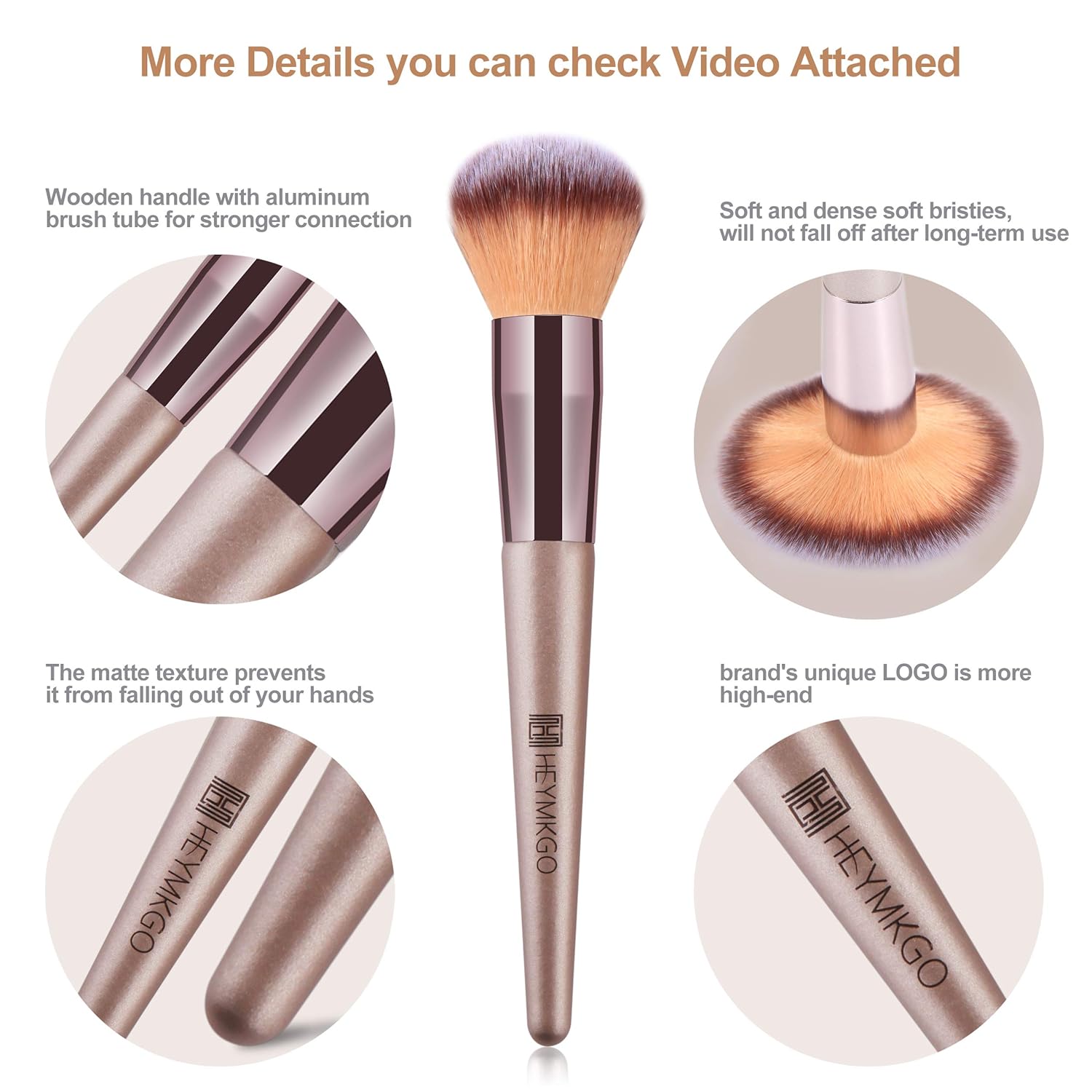 HEYMKGO Makeup Brushes 15PCS Champagne Gold Professional Makeup Brush Set Foundation Brush Blending Powder Blush Concealer Eye Make Up Brush with Bag - Image 5