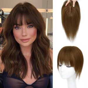 Hair Toppers for Women Real Human Hair-U Shape Toppers Hair Pieces for Women with Thinning Hairr 150% Density Silk Base Clip in Human Topper with Bangs for Daily Use(Brown