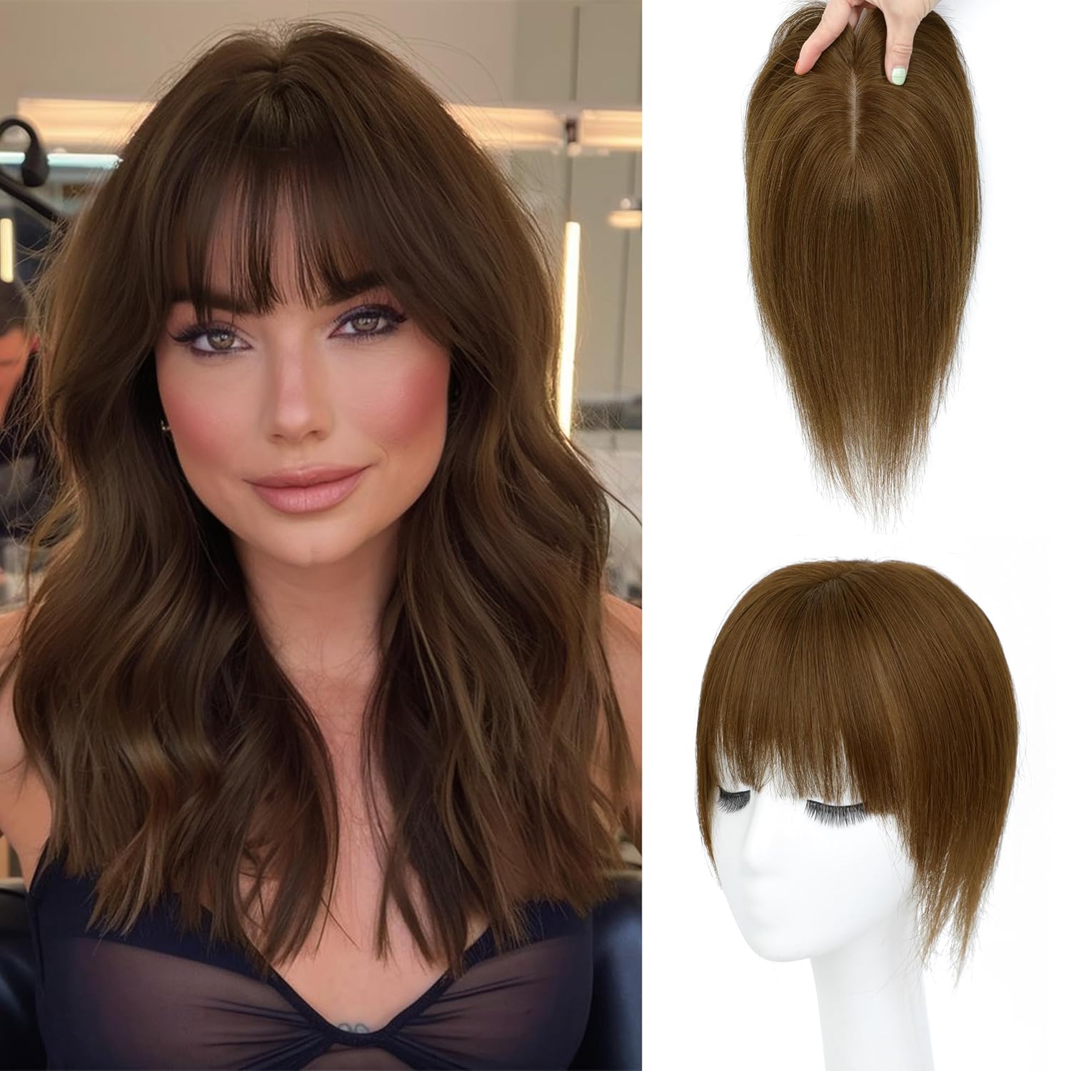 Hair Toppers for Women Real Human Hair-U Shape Toppers Hair Pieces for Women with Thinning Hairr 150% Density Silk Base Clip in Human Topper with Bangs for Daily Use(Brown