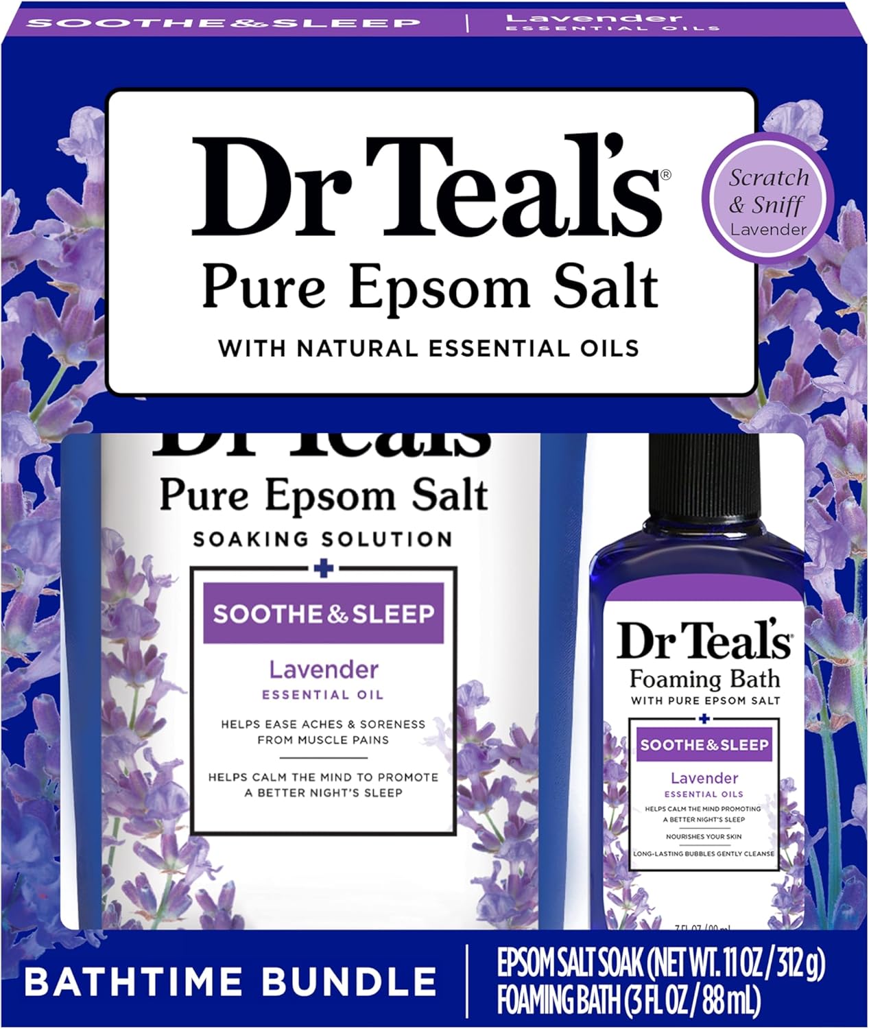 Dr Teal's Lavender Essential Oil Epsom Salt and Foaming Bath Sampler Set, 2 Piece, Off White