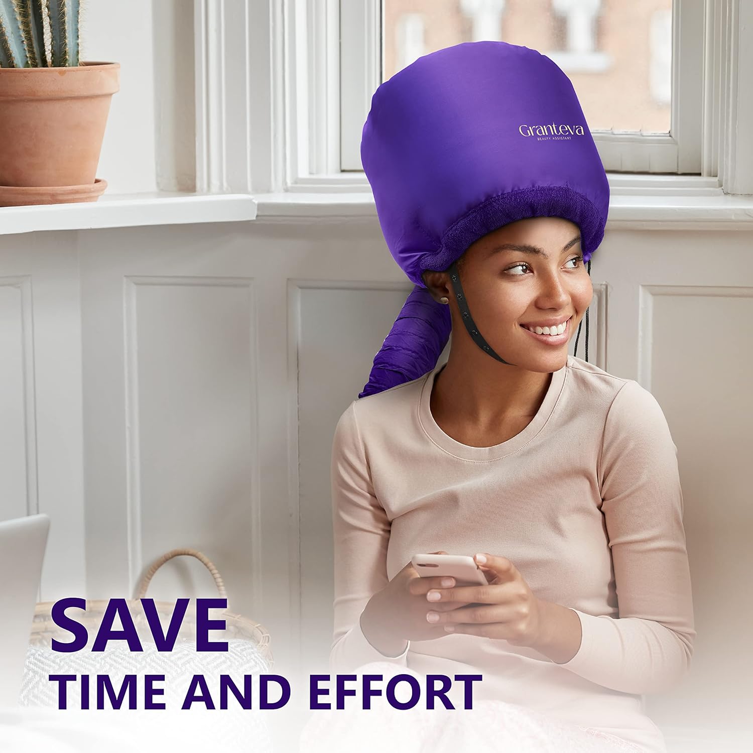 Bonnet Hair Dryer w/A Headband Integrated That Reduces Heat Around Ears & Neck - Hair Dryer Diffuser Cap for Hair Dryer Curly Hair, Speeds Up Drying Time, Deep Conditioning at Home - Large (Purple) - Image 6
