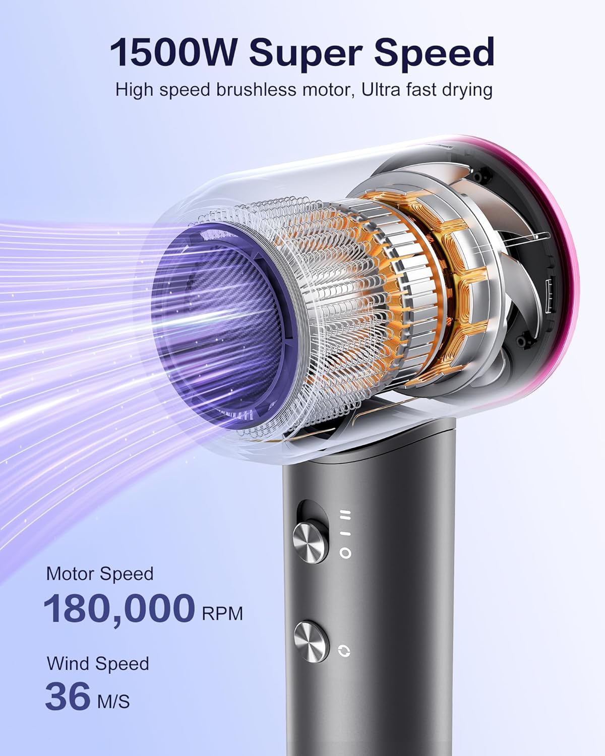Hair Dryer,180000 RPM High-Speed Blow Dryer 500 Millions Negative Ionic Care Hair Dryer for Fast Drying, 50dB Low Noise Thermo-Control Hairdryer with Magnetic Diffuser & Nozzle for Women Salon Gray - Image 8