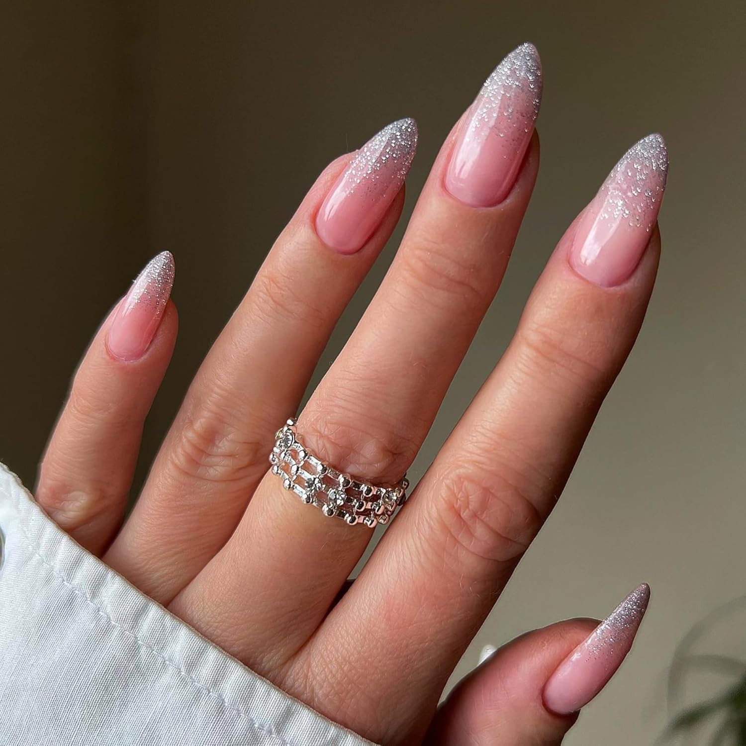 Glitter Ombre Pink Press on Nails Almond Shaped Nails Press ons, Medium Fake Nails Almond Acrylic Nails Glue on Nail Medium Length False Nail for Women Thick Natural Gel Stiletto 24Pcs - Image 5