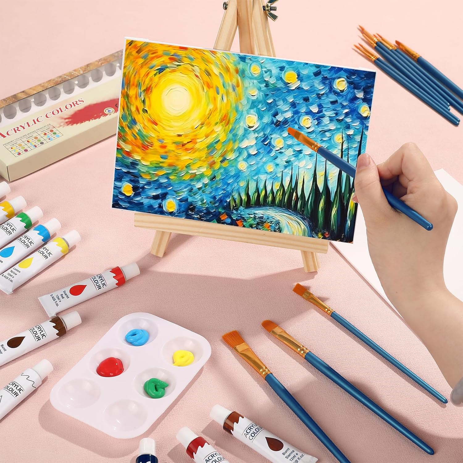 ESRICH 26PCS Acrylic Paint Set with 12Colors Acrylic Paints (12ml, 0.4 oz), 10 Paint Brushes, 2Canvas, 1 Wood Easel, 1 Plate, Painting Supplies Kits for Kids, Adults, Artists and Beginners - Image 4