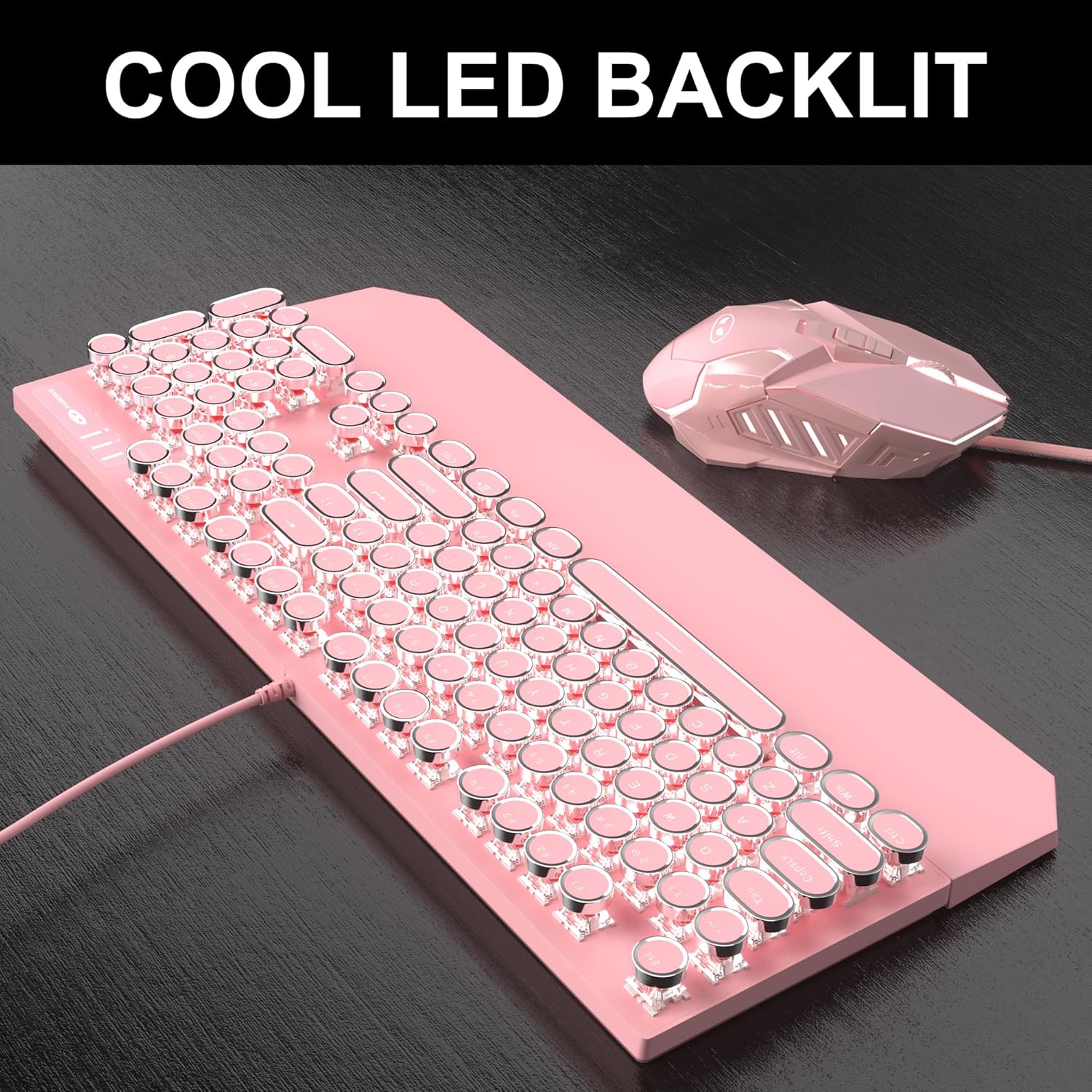 Retro Pink Typewriter-Style Keyboard and Mouse Combo, Cute Light Up Wired Mechanical Keyboard with Linear Red Switches, Full Size for Gaming, Work, Mac, PC, Windows - Image 3