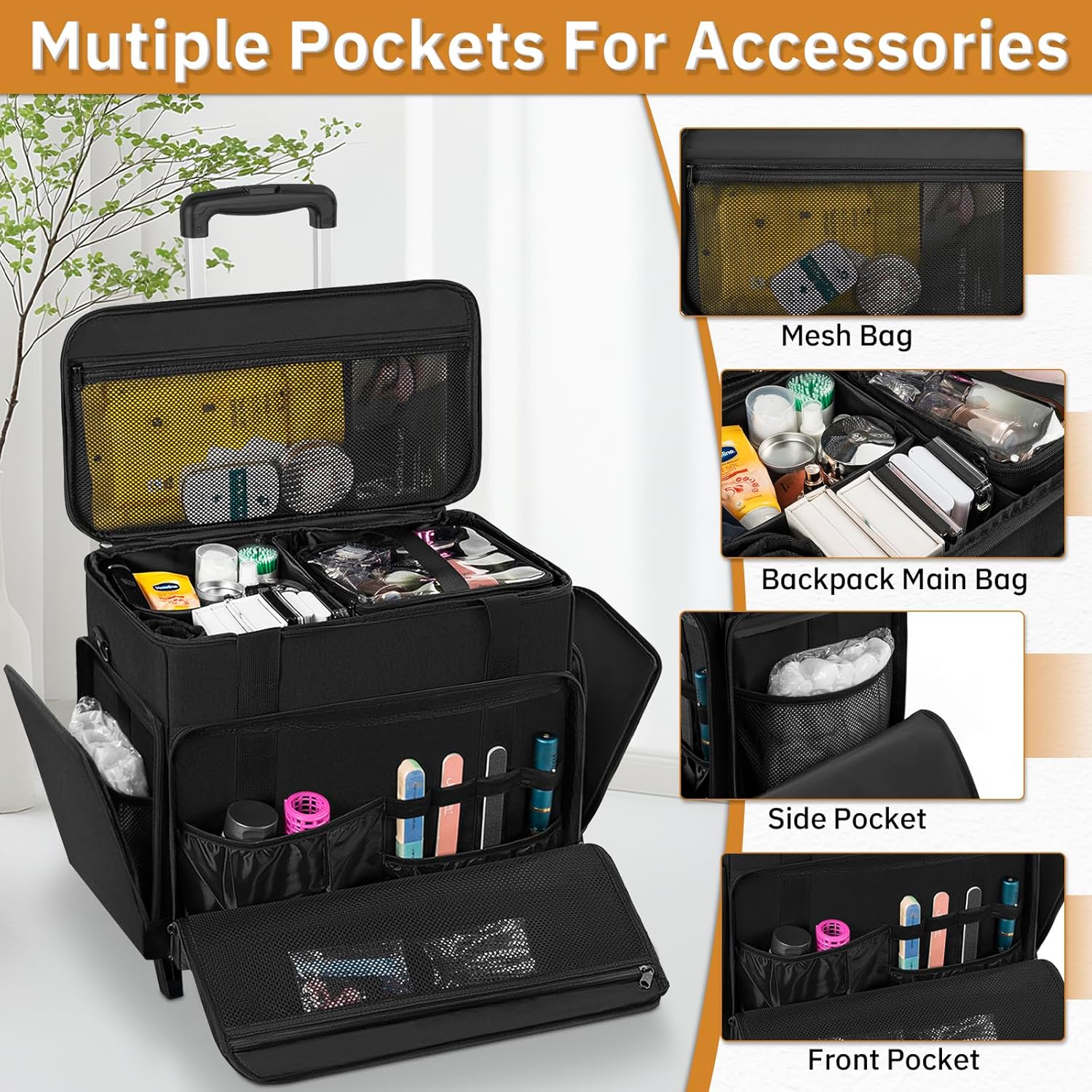 Extra Large Rolling Makeup Case with 4 Removable Pouches,Professional Make up Train Case with Wheels,Travel Cosmetic Bag for Hairstylists Nail Tech Makeup Artist with Detachable Trolley - Image 3