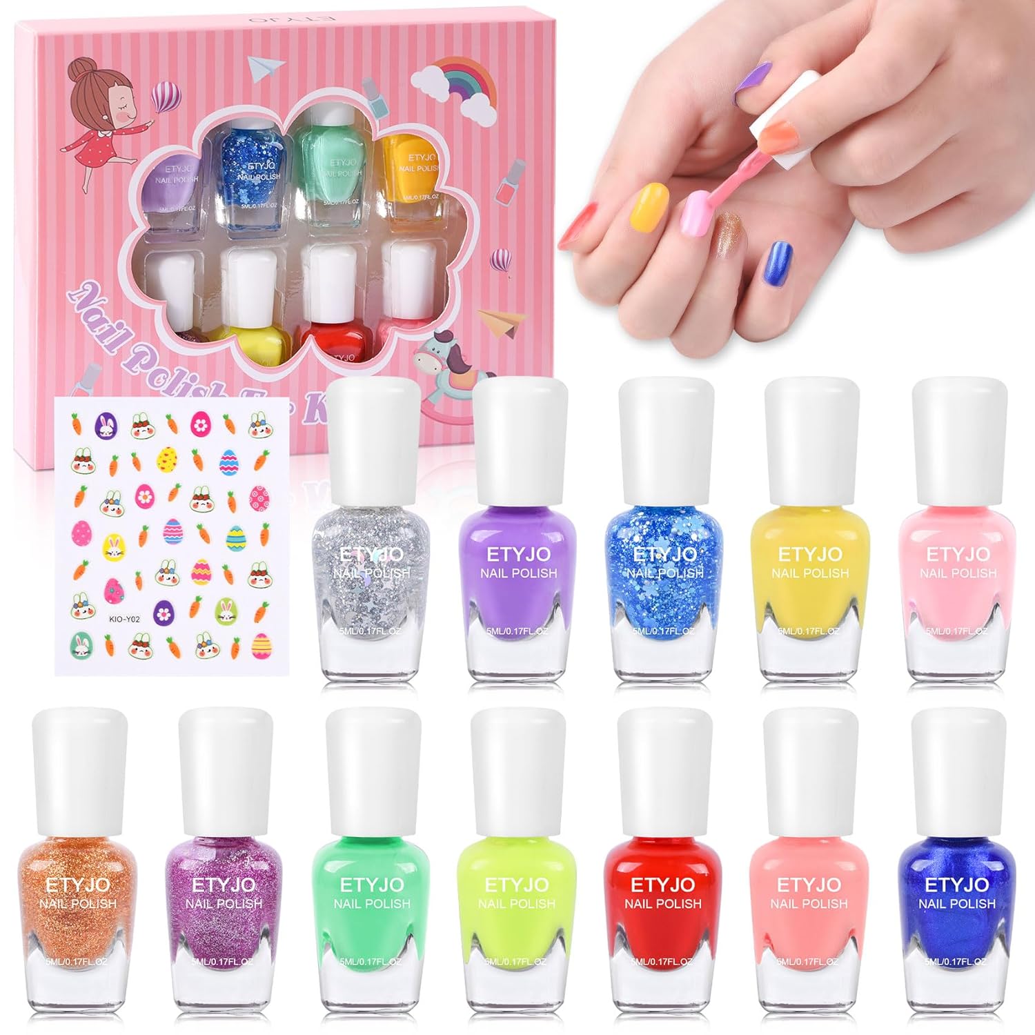 12 Rainbow Colors Peel-Off Kids Washable Quick Dry Girls Nail Polish Kit for Kids Teen Little GirlsToddler Ages 3-12