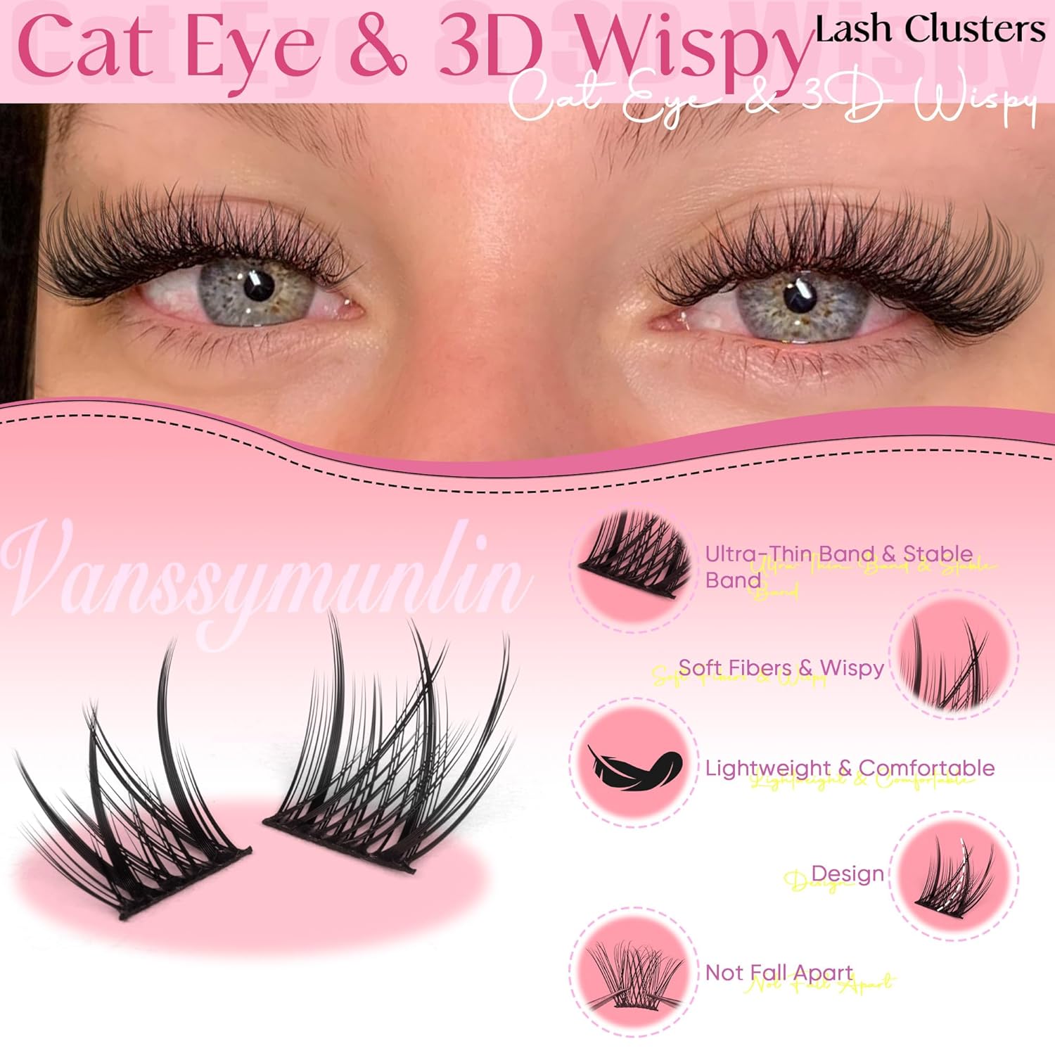 Wispy Lash Clusters Kit Cat Eye Lash Extension Kit 154pcs Cluster Eyelash Extensions Kit Individual Lashes Natural for False Eyelashes Clusters with Tweezers Lash Bond and Seal by Vanssymunlin - Image 3