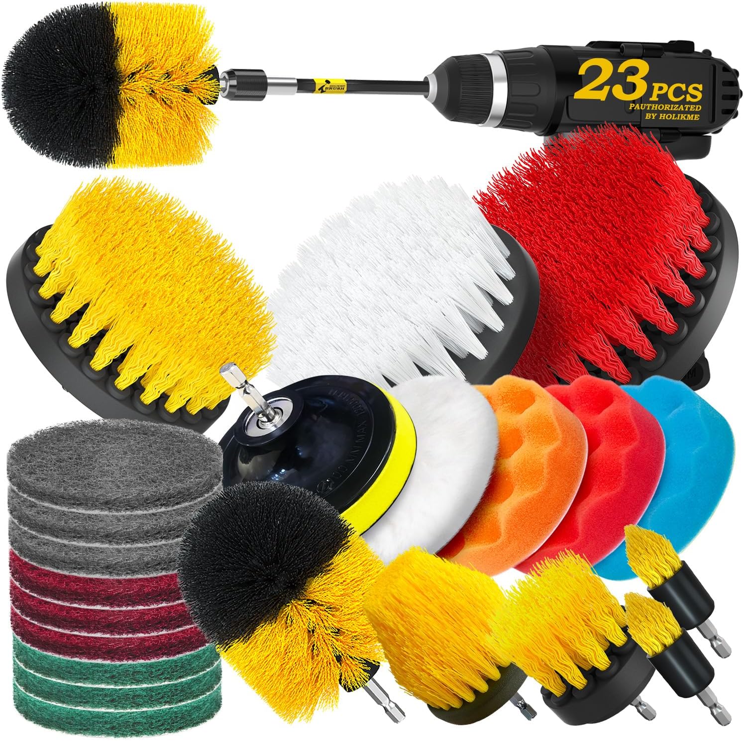 Holikme 23Pack Drill Brush Attachments Set, Scrub Pads & Sponge, Buffing Pads, Power Scrubber Brush with Extend Long Attachment, Car Polishing Pad Kit,Cleaning Supplies,Masonry Brushes,Scratch Brushes