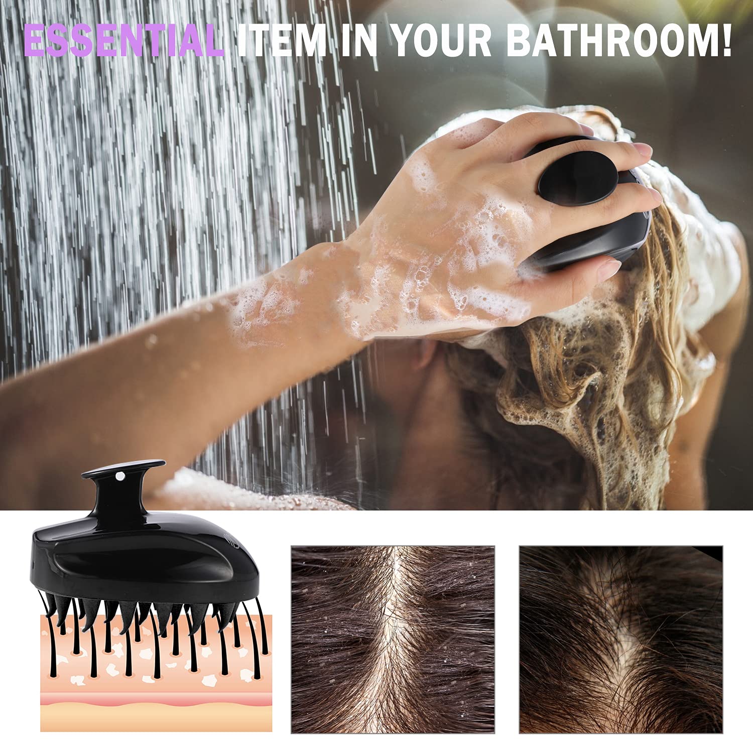 Scalp Massager Shampoo Brush, Hair Scalp Scrubber Shower Hair Brush Head Massager for Stress Relax Hair Growth, Dandruff Brush Scalp Exfoliator for Women Men Kids Pets, Black - Image 3