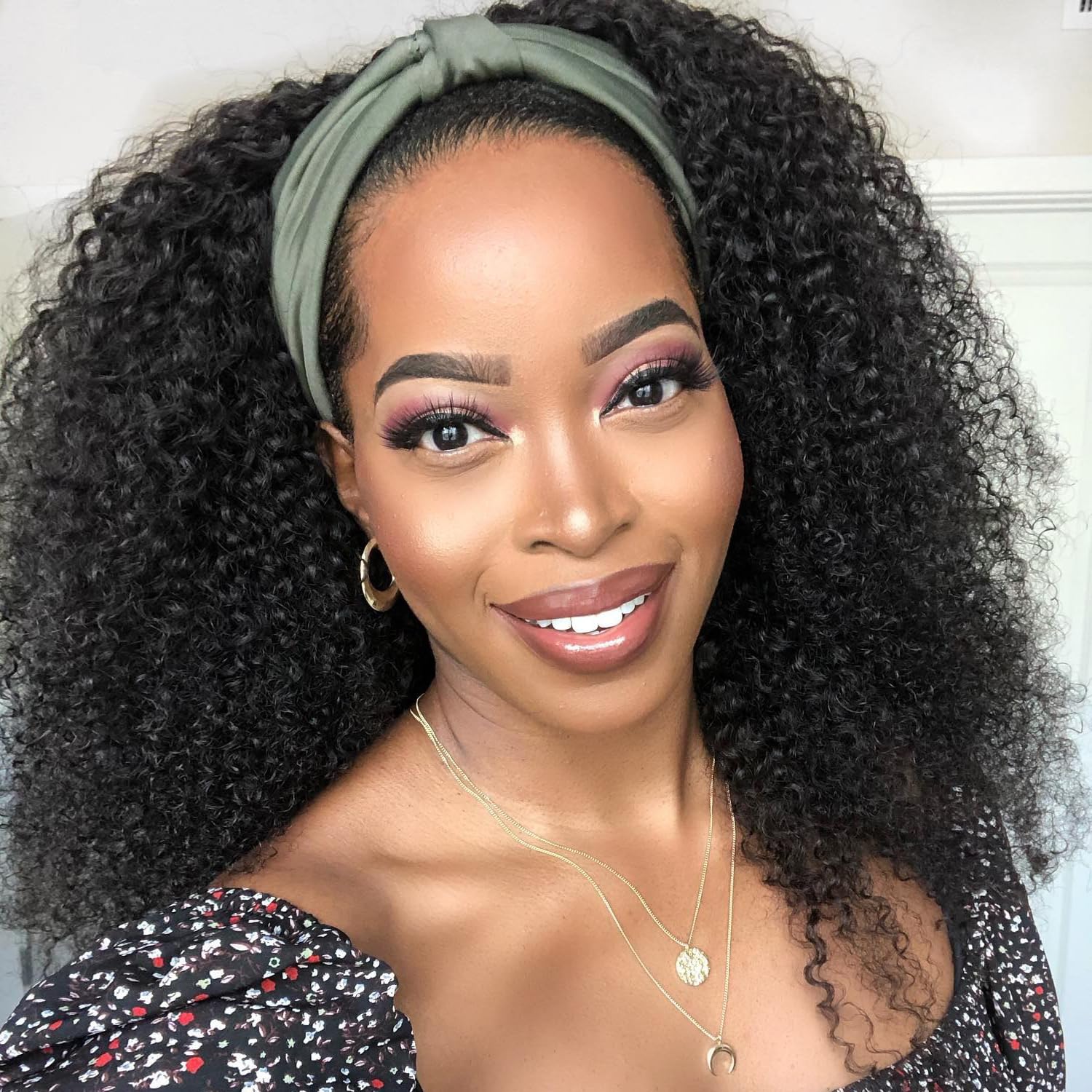 XSY Headband Wig Human Hair 20 Inch Kinky Curly Headband Wigs for Black Women Glueless No Lace Front Wig Brazilian Virgin Human Hair 150% Density Natural Black Color - Image 6