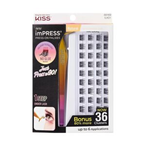 KISS imPRESS Falsies Self Adhesive Eyelashes, Press On Lashes, 12mm-14mm Natural Volume Lashes, Black, No Glue Needed, Invisible Band, 36 Lash Clusters & Non-Stick Applicator - Natural