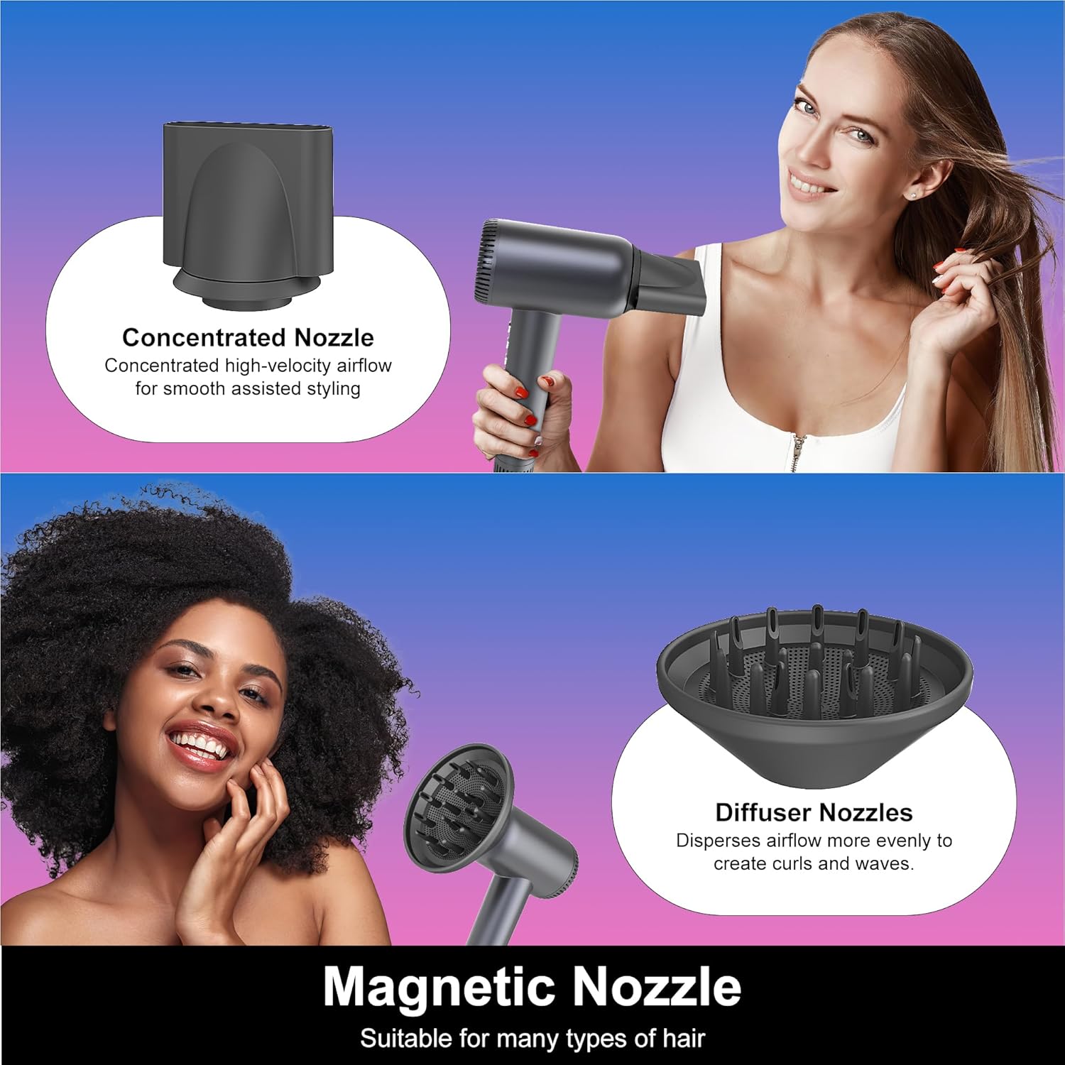 Hair Dryer, 180000 RPM High-Speed Blow Dryer, 1600W Low Noise Brushless Motor, Negative Lonic Professional Care Hair Dryer, 4 Thermo-Control with Magnetic Diffuser and Nozzle for Travel, Salon(Gray) - Image 6