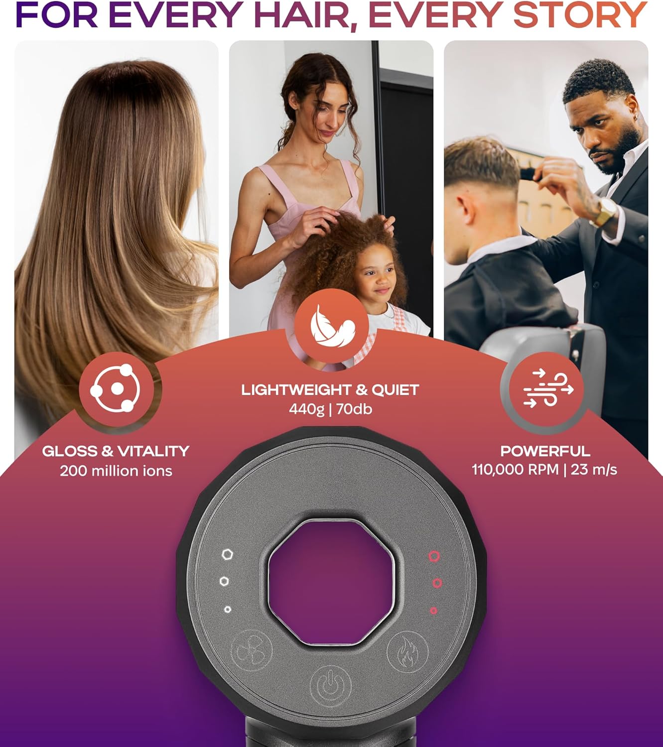 Ionic Hair Dryer Premium Quality, High-Speed Professional Brushless Motor 110,000 RPM, 1600W Power, 9 ft Long Cord and Magnetic Nozzle, Lightweight Blow Dryer, Quiet Fast Drying for Women & Men (Gray) - Image 2