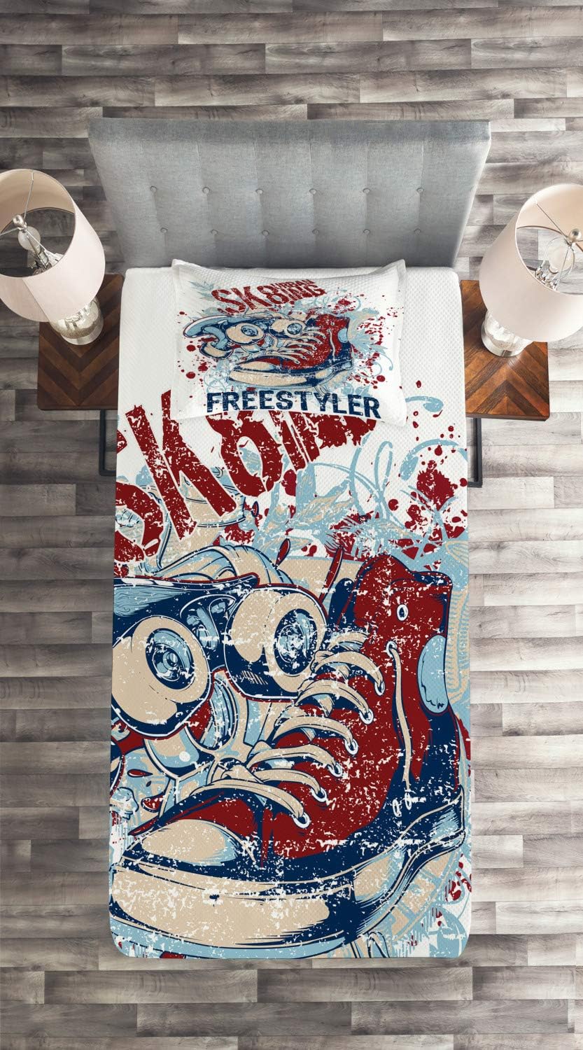 Ambesonne Sports Coverlet, Skateboarding Graphic with Distressed Complex Effects Action Sports Hipster Culture, 2 Piece Decorative Quilted Bedspread Set with 1 Pillow Sham, Twin Size, Blue Red - Image 3