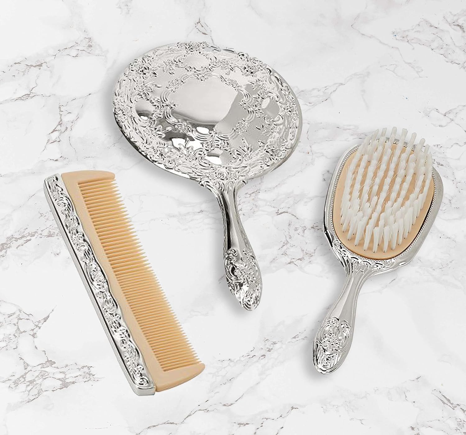 Nickel Plated Brass, Non-Tarnished 3-Piece Vanity Set, Brush, Comb, Mirror Set with Embossed Ornate Vintage Designs, Gift Box Included - Image 5