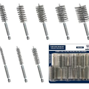 Stainless-Steel Bore Brush [8-Size Set] Wire Brush for Power Drill, Metal Cleaning Brushes, 1(1/8) to 1/4-inch Diameter in 1/8-in increments (or 29, 26, 22, 19, 16, 13, 10, 7 mm), (1/4-in Hex Shaft)