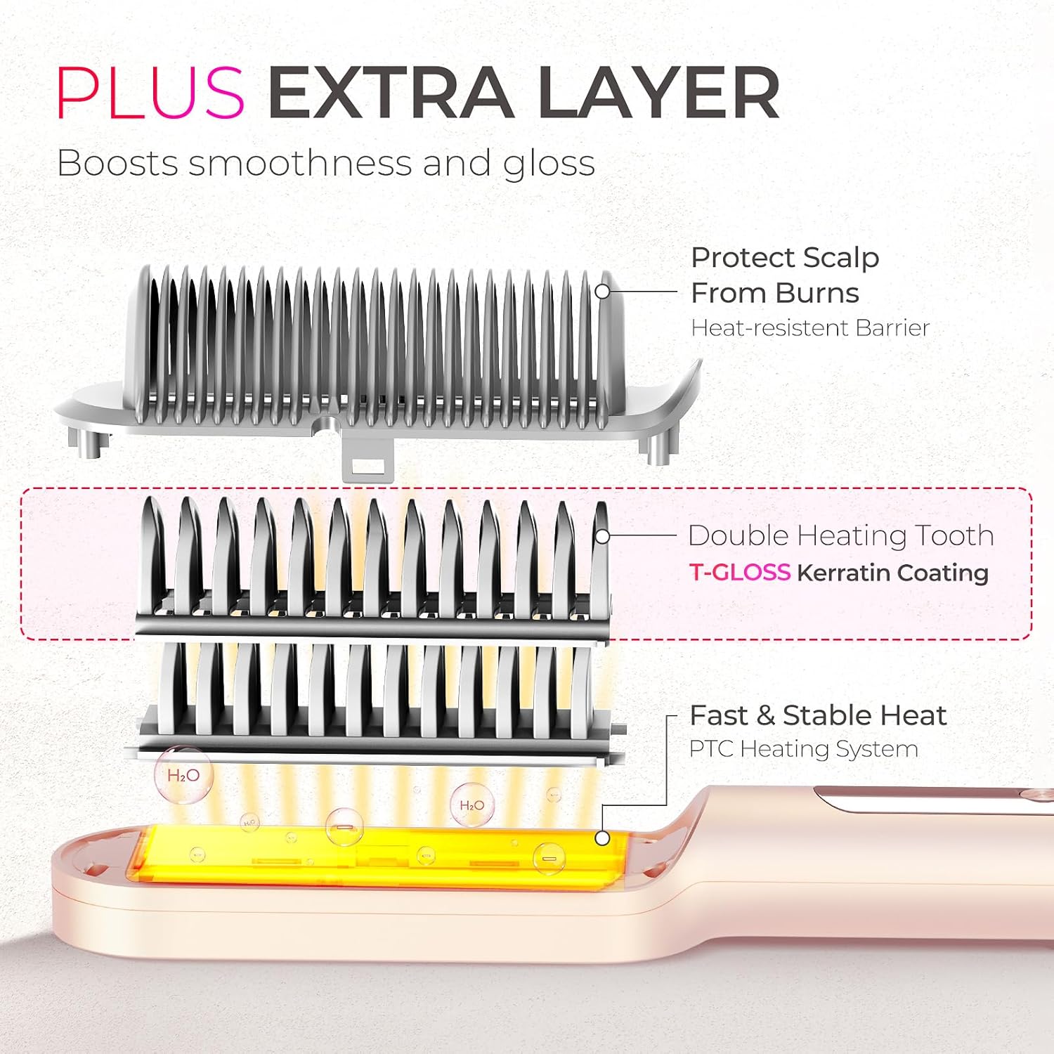 TYMO Ring Plus Ionic Hair Straightener Brush - Straightening Comb with Negative Ions for Women, Titanium Coating, 9 Temp Settings & LED Display, Dual Voltage, Professional Styling Tools, Gold Blush - Image 4