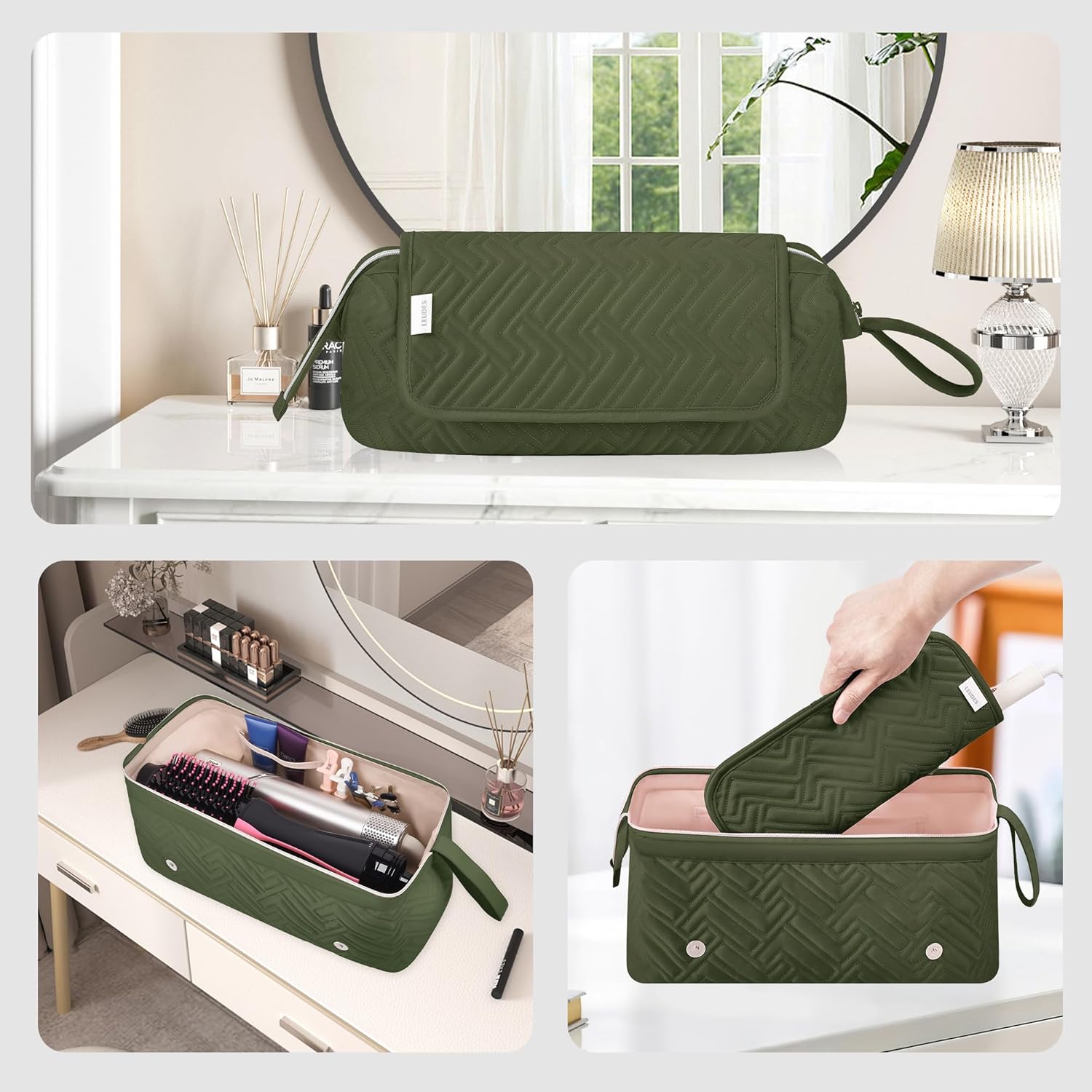 Leudes Hair Tools Travel Bag for Women Heat Resistant Mat for Travel Essentials Hot Tools Straighteners,Flat Irons,Curling Iron,Hot Air Brushes and Hair Dryer Organizer Bags 2 in 1 (Army GreenA) - Image 8
