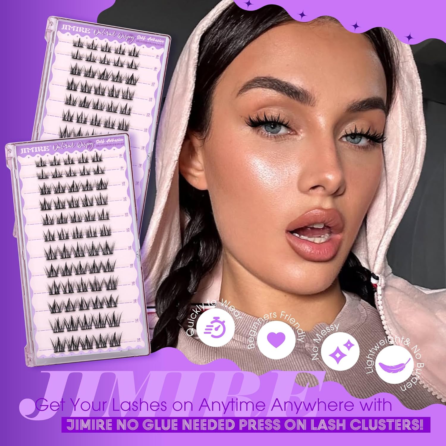 Self Adhesive Eyelashes Manga Lash Clusters Natural Look 8-14MM Wispy Pre Glued Eyelashes Clusters No Glue Needed Press on Lashes Reusable Invisible Band Cluster Eyelash Extensions by JIMIRE - Image 5