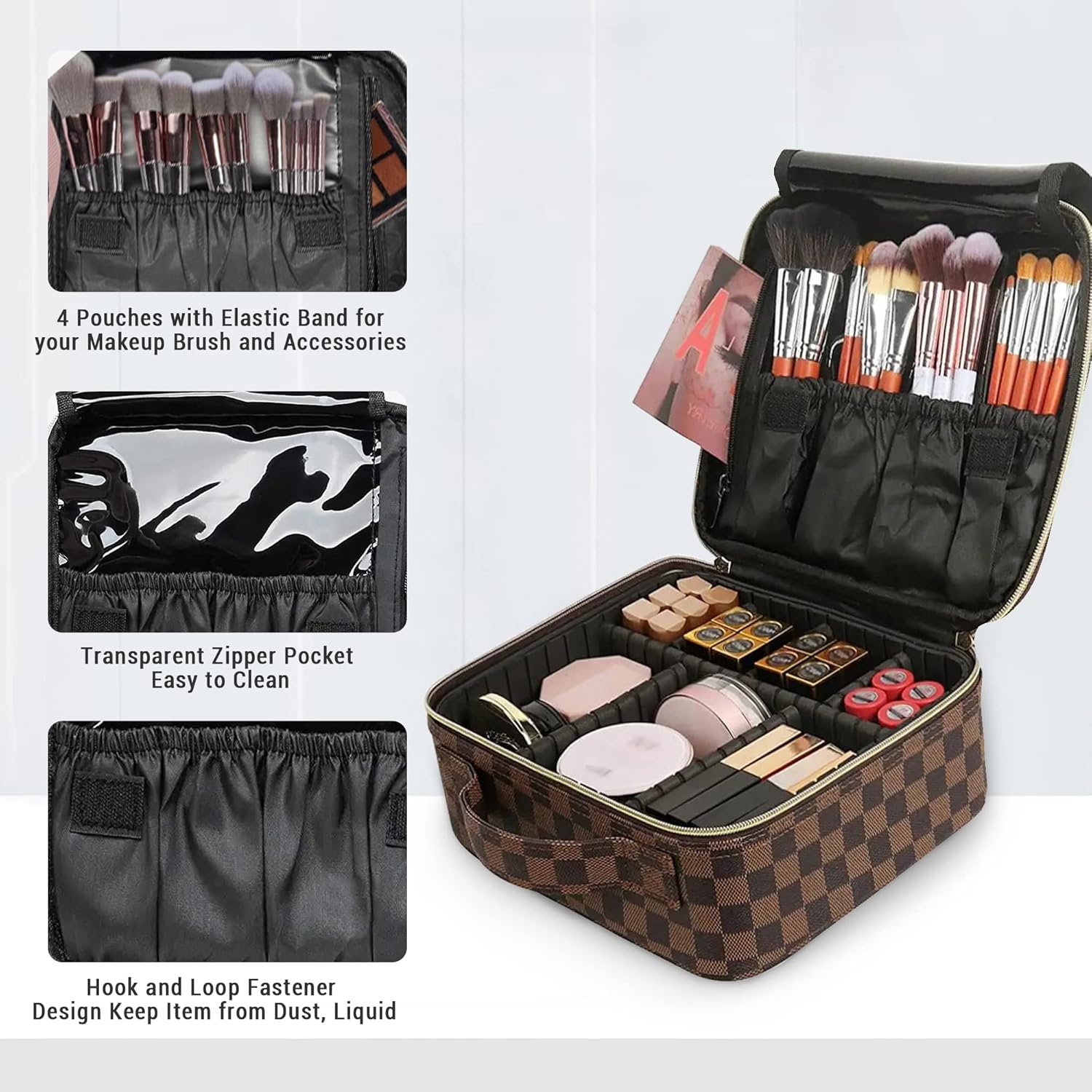 Checkered Makeup Bag, Portable Makeup Bag with Adjustable Partition, Cosmetic Bags for Women Toiletry Travel Organizer Portable Make Up Bags for Christmas Birthday Gifts - Image 2