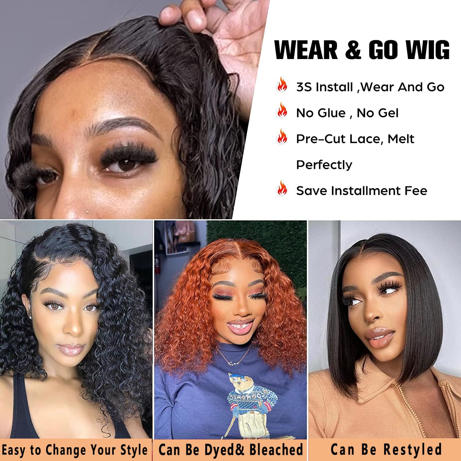 Wear and Go Glueless Wigs Human Hair Pre Plucked Deep Wave Bob Wig Human Hair Lace Front Wigs for Beginners Upgraded No Glue Pre Cut 4x4 Lace Closure Glueless Wigs for Black Women Human Hair 12 Inch - Image 4