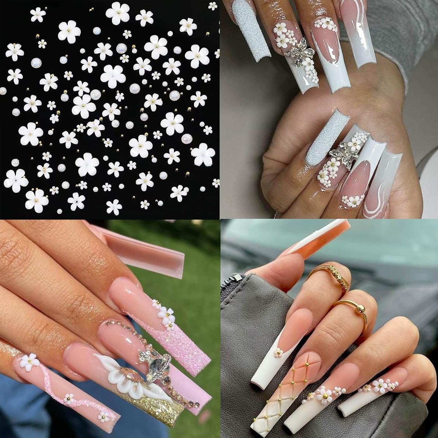 Nail Art Charms 3D Flower Nail Charms for Acrylic Nails White Gold Nail Art Supplies Luxurious Gems Rhinestones Pearls Design Nail Accessories for Women and Girls Nail Decorations. - Image 4