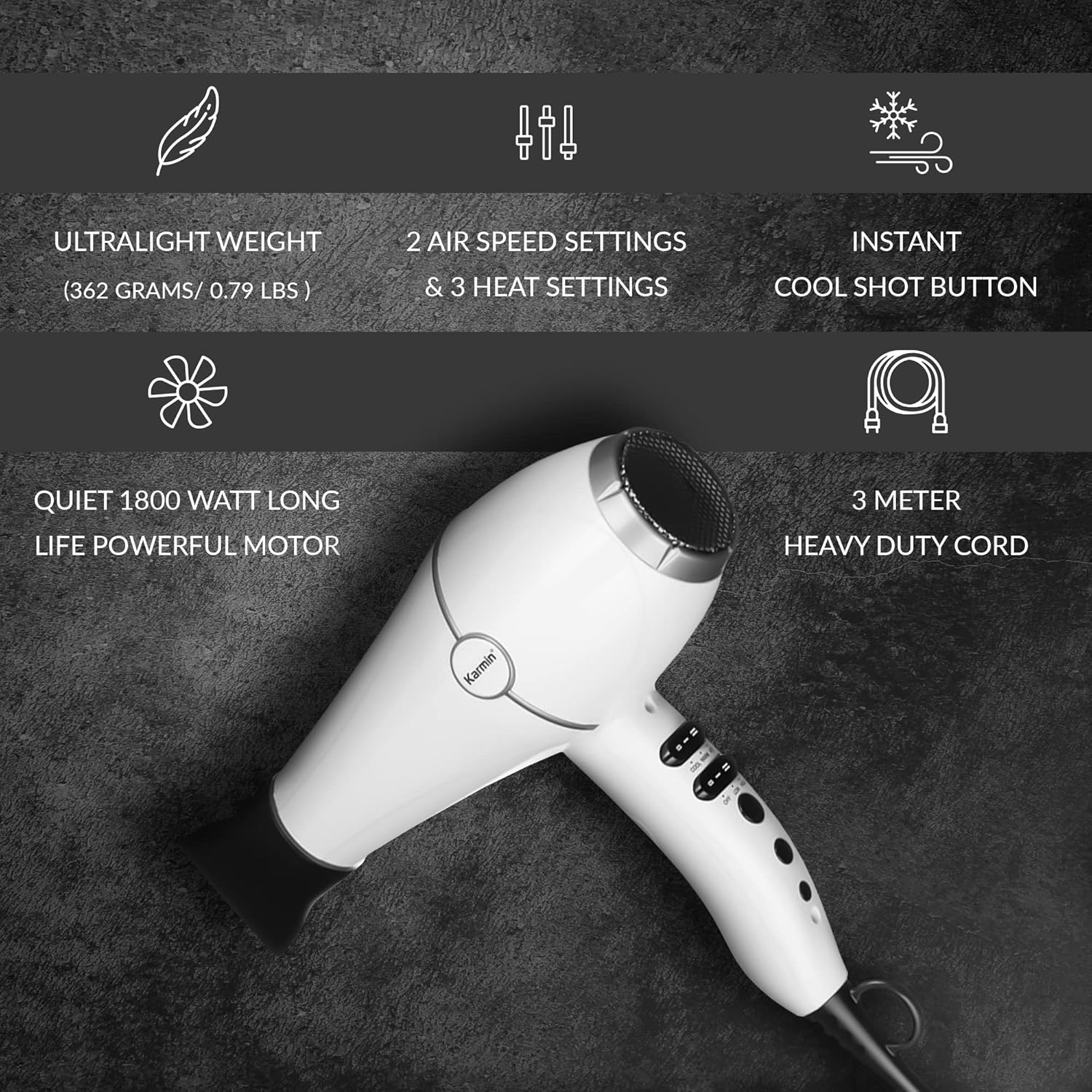 KARMIN Salon Series Professional Ionic Hair Dryer, Positive Negative Ion, Ceramic Blow Dryer, Lightweight, Fast Dry, 2 Speed 3 Heat Settings, 1800 Watt, with Ionic Tourmaline Concentrator, Diffuser - Image 6