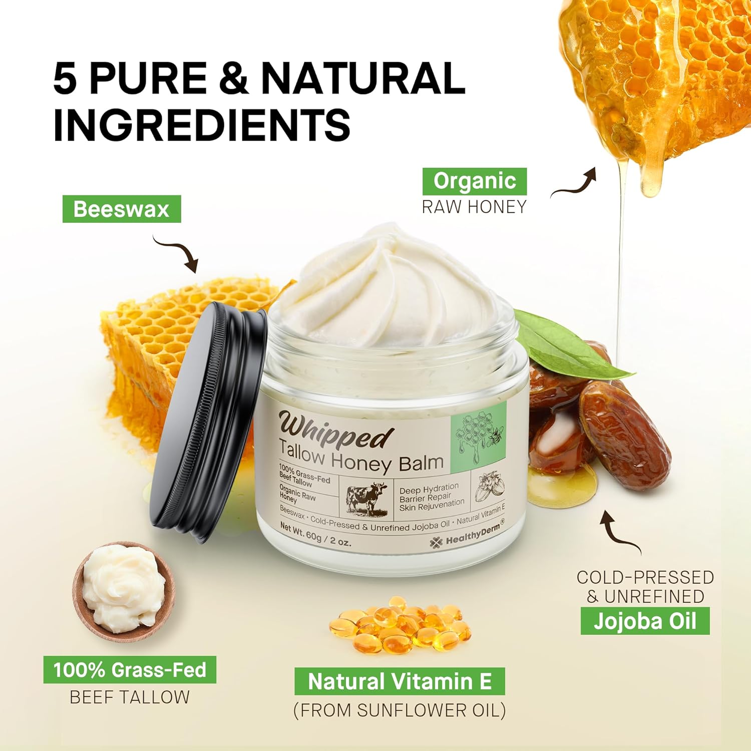 Beef Tallow Honey Balm for Skin: 100% Grass Fed Whipped Organic Moisturizer with Organic Raw Honey, Jojoba Oil, Vitamin E – Natural Face and Body Care for Mature, Dry or Sensitive Skin, 2oz - Image 2