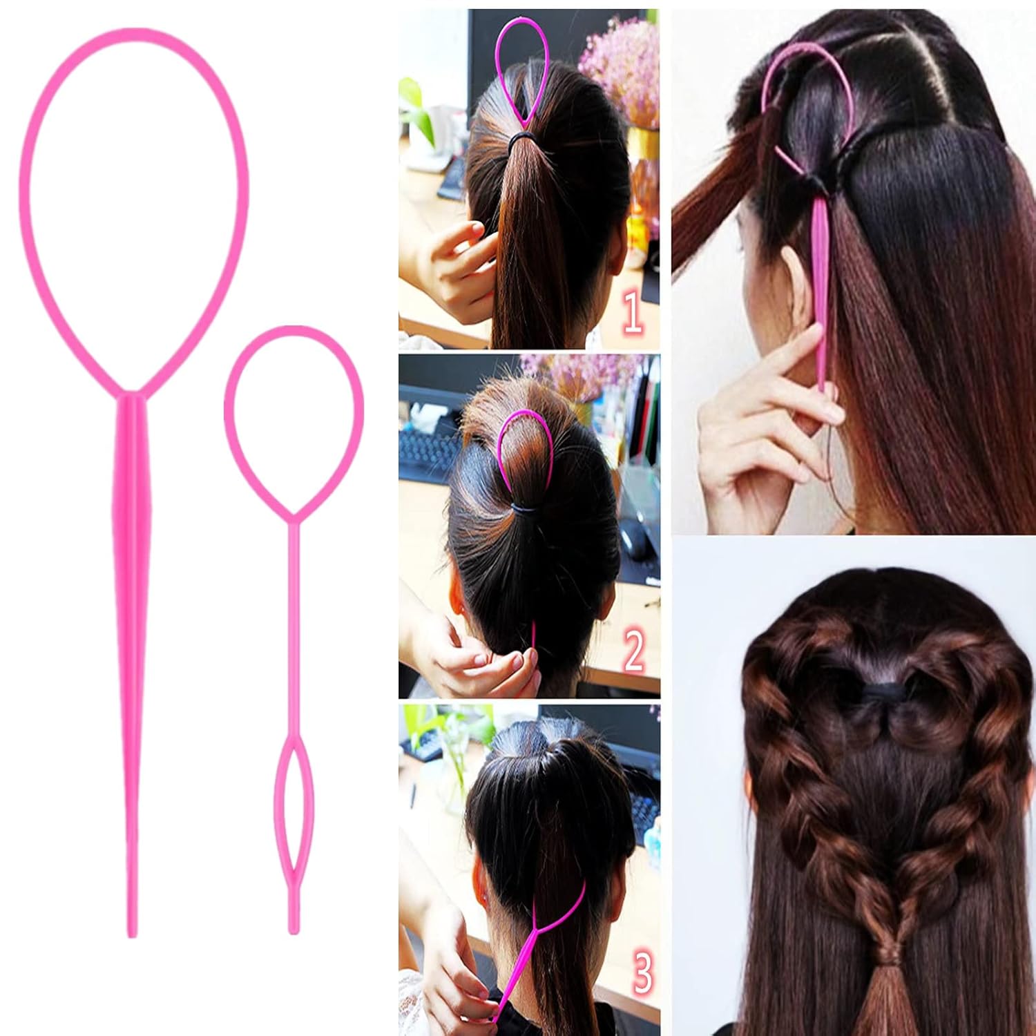 8Pcs Hair Brushes Set with 4Pcs Topsy Hair Tail Tools 1Pcs Bristle Teasing Hair Brush 1Pcs Edge Control Brush 2Pcs Metal Pin Rat Tail Combs for Woman Girl Styling,Edge&Back Brushing Pink - Image 2