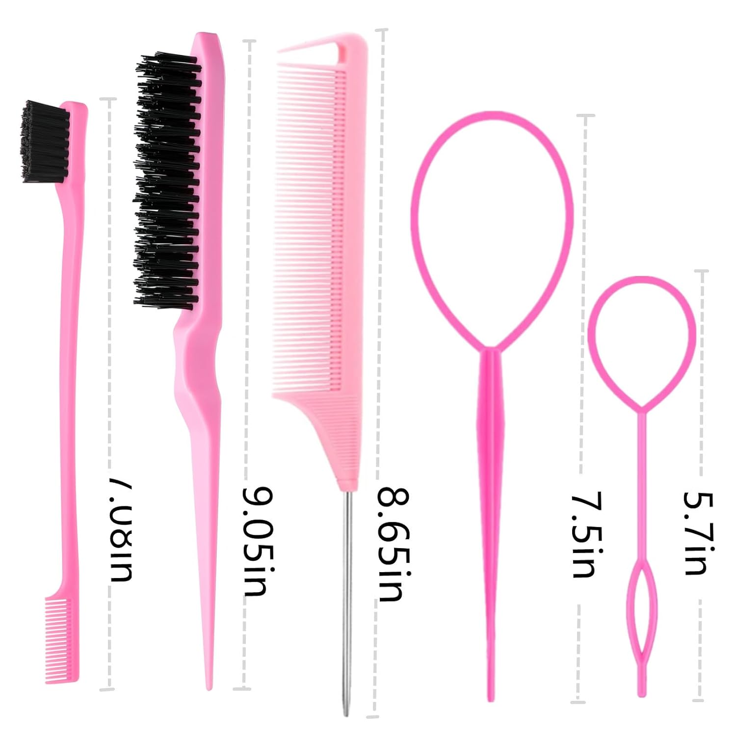8Pcs Hair Brushes Set with 4Pcs Topsy Hair Tail Tools 1Pcs Bristle Teasing Hair Brush 1Pcs Edge Control Brush 2Pcs Metal Pin Rat Tail Combs for Woman Girl Styling,Edge&Back Brushing Pink - Image 6