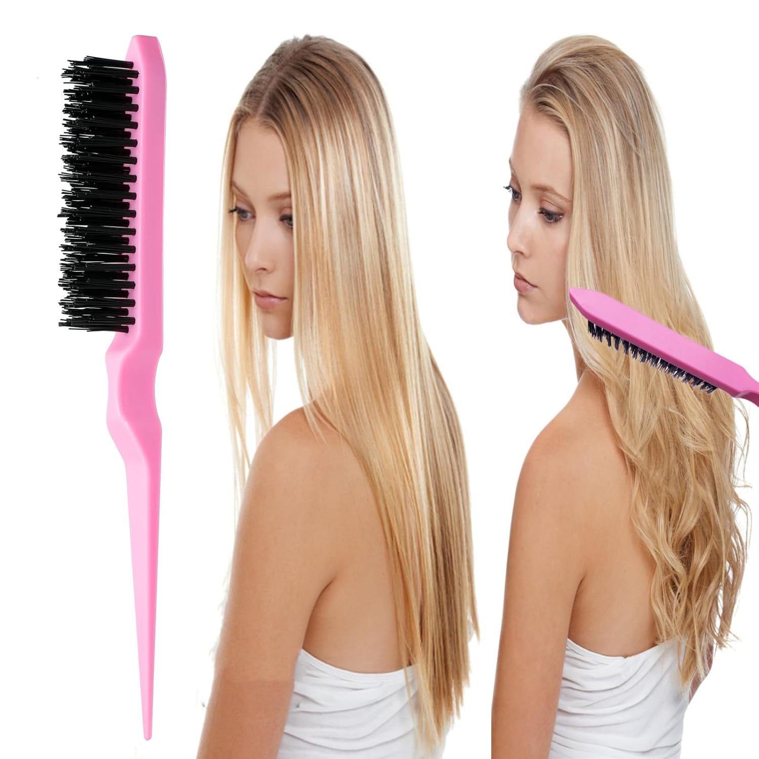 8Pcs Hair Brushes Set with 4Pcs Topsy Hair Tail Tools 1Pcs Bristle Teasing Hair Brush 1Pcs Edge Control Brush 2Pcs Metal Pin Rat Tail Combs for Woman Girl Styling,Edge&Back Brushing Pink - Image 3