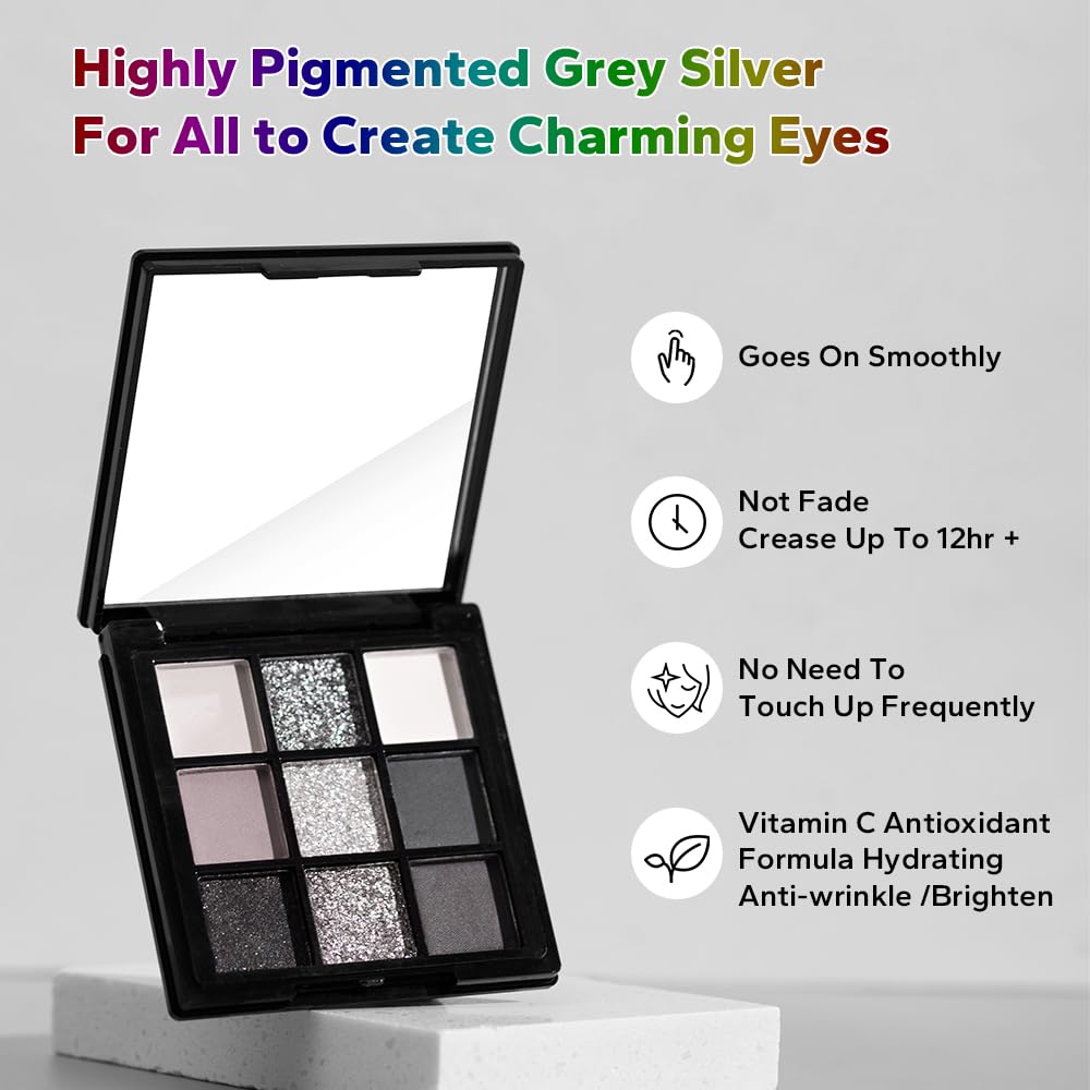 9 Color Smokey Eyeshadow Palette - Highly Pigmented Matte & Glitter Shades, Long-Lasting, Waterproof & Blendable, Black Silver Gray Eyeshadow Set for Sultry Glam (Reversal Star Smokey) - Image 2