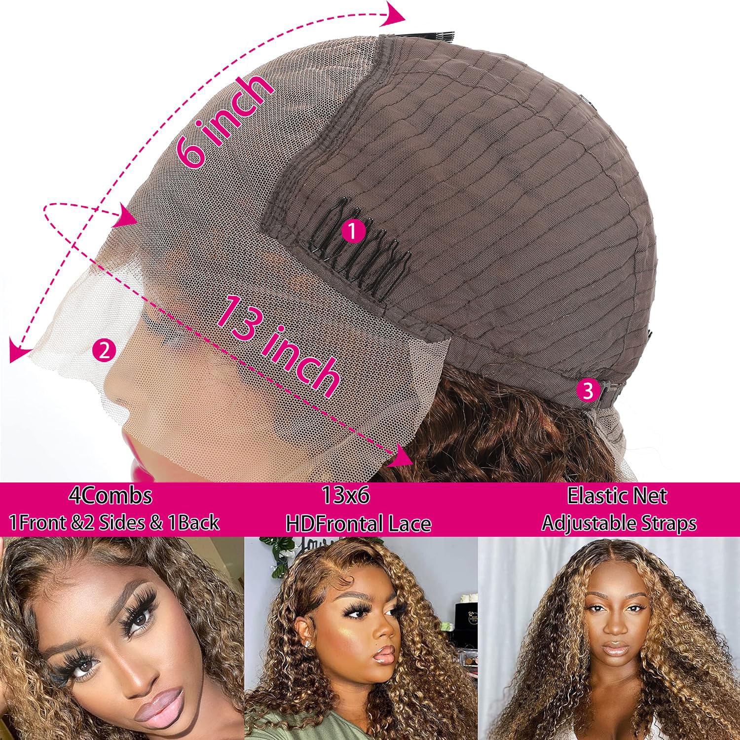 Highlight Ombre 13x6 Lace Front Wig Human Hair 13x6 Deep Wave HD Lace Frontal Wig for Women 180 Density Honey Blonde Deep Curly Frontal Wig Pre Plucked 4/27 Color 26 Inch - Image 4